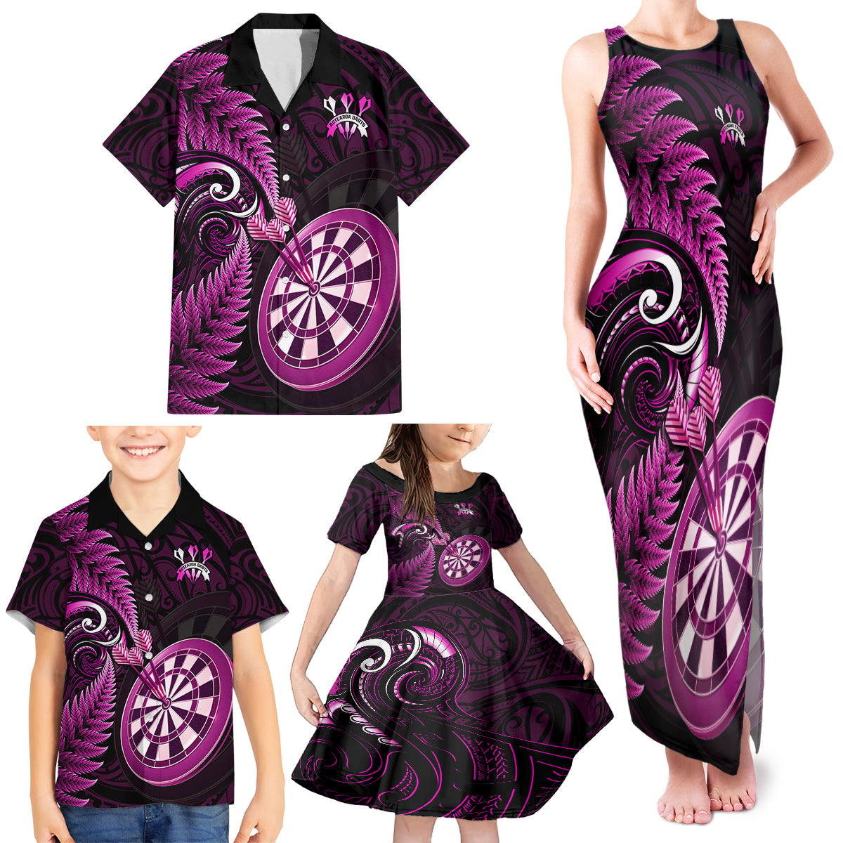 New Zealand Darts Family Matching Tank Maxi Dress and Hawaiian Shirt Happiness Is A Tight Threesome Maori Pink - Wonder Print Shop