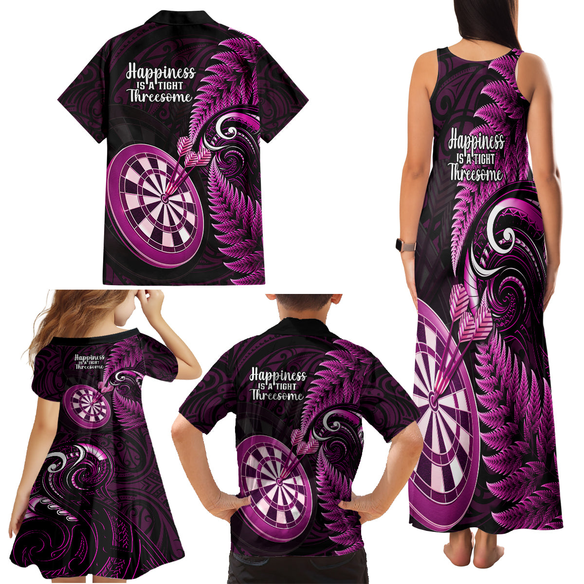 New Zealand Darts Family Matching Tank Maxi Dress and Hawaiian Shirt Happiness Is A Tight Threesome Maori Pink - Wonder Print Shop