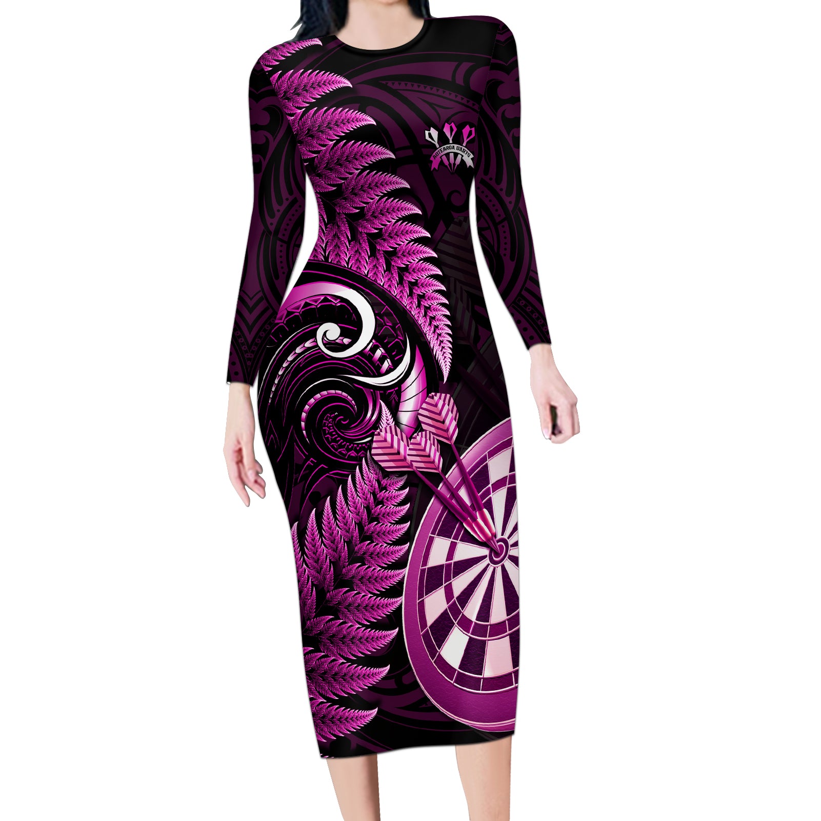 New Zealand Darts Long Sleeve Bodycon Dress Happiness Is A Tight Threesome Maori Pink - Wonder Print Shop