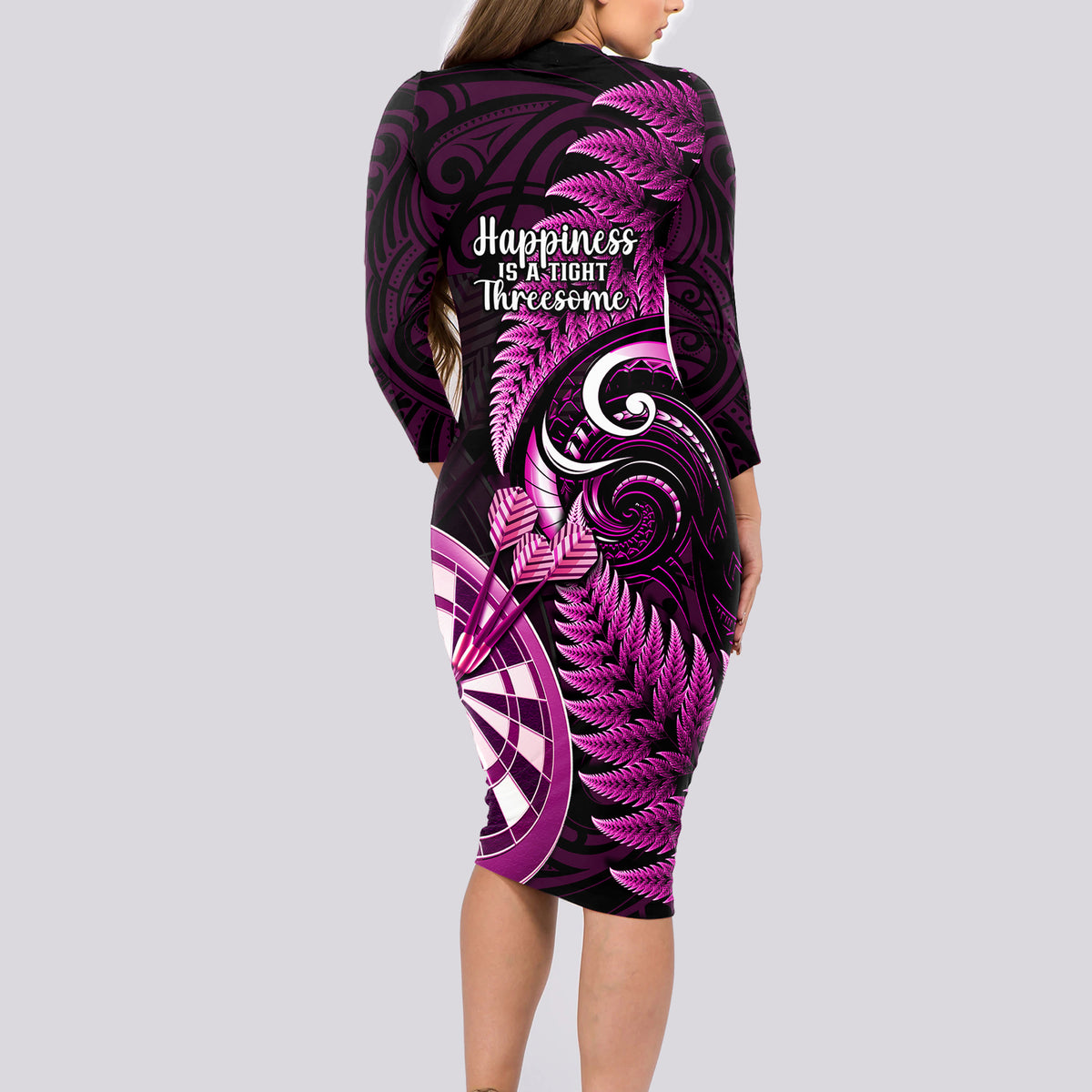 New Zealand Darts Long Sleeve Bodycon Dress Happiness Is A Tight Threesome Maori Pink - Wonder Print Shop