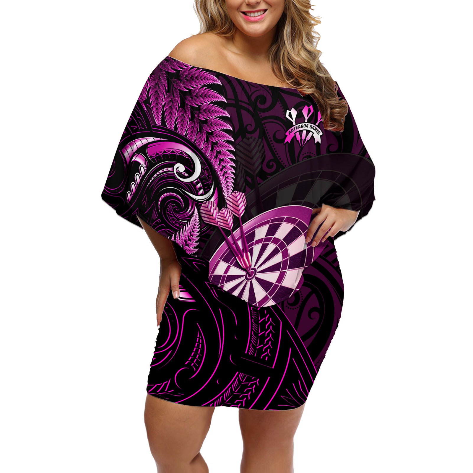 New Zealand Darts Off Shoulder Short Dress Happiness Is A Tight Threesome Maori Pink - Wonder Print Shop