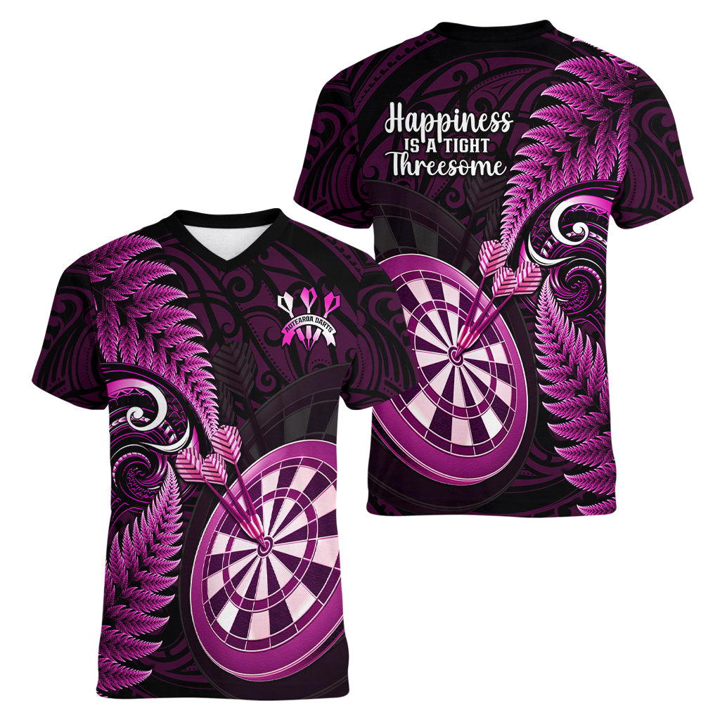 New Zealand Darts Women V Neck T Shirt Happiness Is A Tight Threesome Maori Pink - Wonder Print Shop