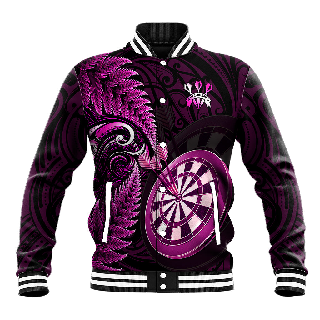 Personalised New Zealand Darts Baseball Jacket Happiness Is A Tight Threesome Maori Pink - Wonder Print Shop