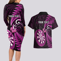 Personalised New Zealand Darts Couples Matching Long Sleeve Bodycon Dress and Hawaiian Shirt Happiness Is A Tight Threesome Maori Pink - Wonder Print Shop