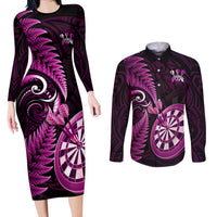 Personalised New Zealand Darts Couples Matching Long Sleeve Bodycon Dress and Long Sleeve Button Shirts Happiness Is A Tight Threesome Maori Pink - Wonder Print Shop