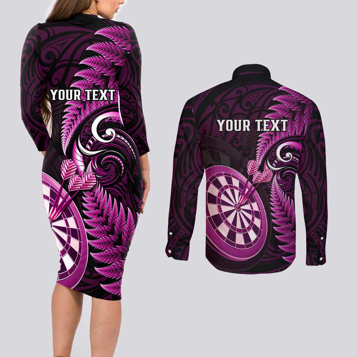 Personalised New Zealand Darts Couples Matching Long Sleeve Bodycon Dress and Long Sleeve Button Shirts Happiness Is A Tight Threesome Maori Pink - Wonder Print Shop