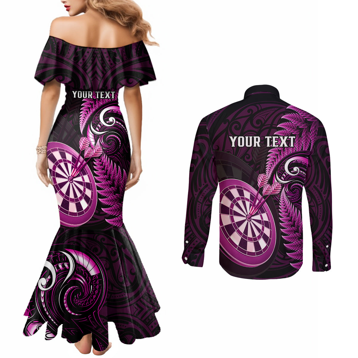 personalised-new-zealand-darts-couples-matching-mermaid-dress-and-long-sleeve-button-shirts-happiness-is-a-tight-threesome-maori-pink