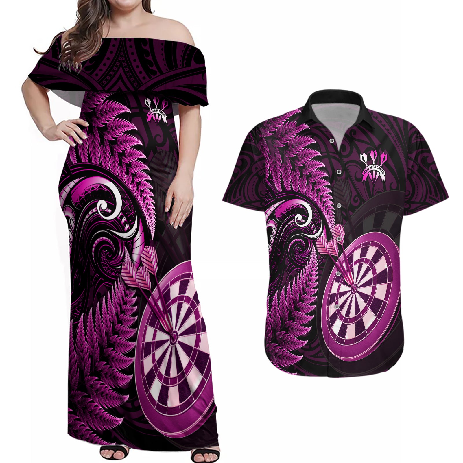 Personalised New Zealand Darts Couples Matching Off Shoulder Maxi Dress and Hawaiian Shirt Happiness Is A Tight Threesome Maori Pink - Wonder Print Shop
