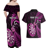 Personalised New Zealand Darts Couples Matching Off Shoulder Maxi Dress and Hawaiian Shirt Happiness Is A Tight Threesome Maori Pink - Wonder Print Shop
