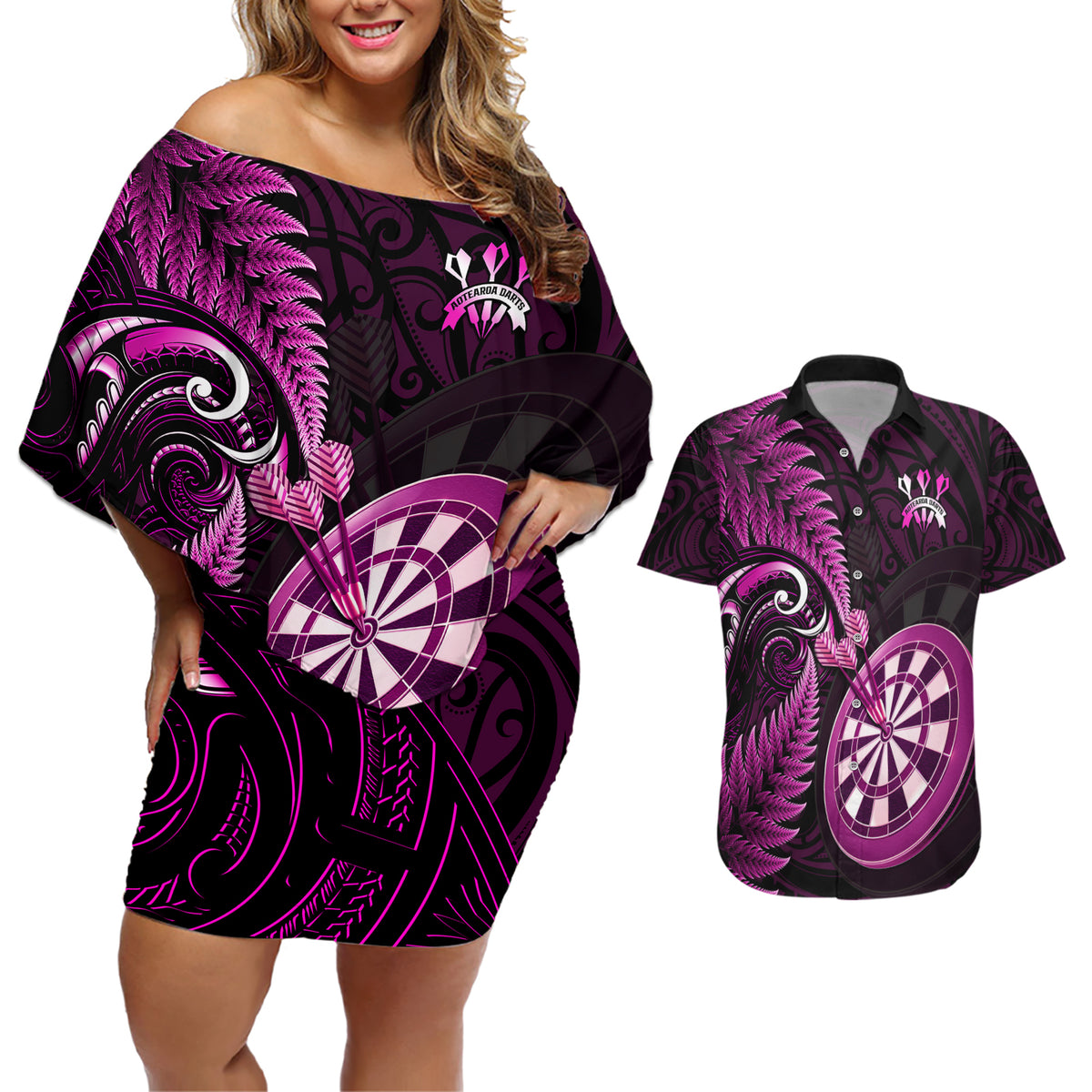 Personalised New Zealand Darts Couples Matching Off Shoulder Short Dress and Hawaiian Shirt Happiness Is A Tight Threesome Maori Pink - Wonder Print Shop