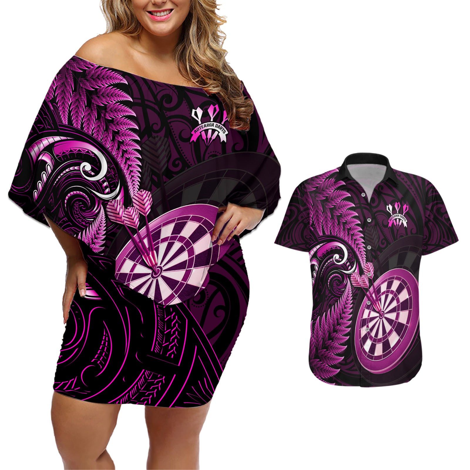 Personalised New Zealand Darts Couples Matching Off Shoulder Short Dress and Hawaiian Shirt Happiness Is A Tight Threesome Maori Pink - Wonder Print Shop