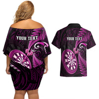 Personalised New Zealand Darts Couples Matching Off Shoulder Short Dress and Hawaiian Shirt Happiness Is A Tight Threesome Maori Pink - Wonder Print Shop