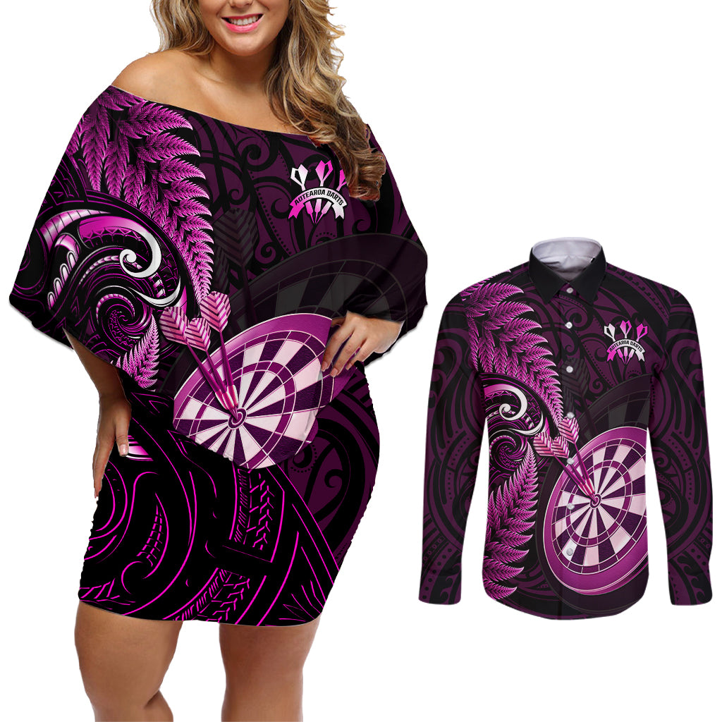 Personalised New Zealand Darts Couples Matching Off Shoulder Short Dress and Long Sleeve Button Shirts Happiness Is A Tight Threesome Maori Pink - Wonder Print Shop