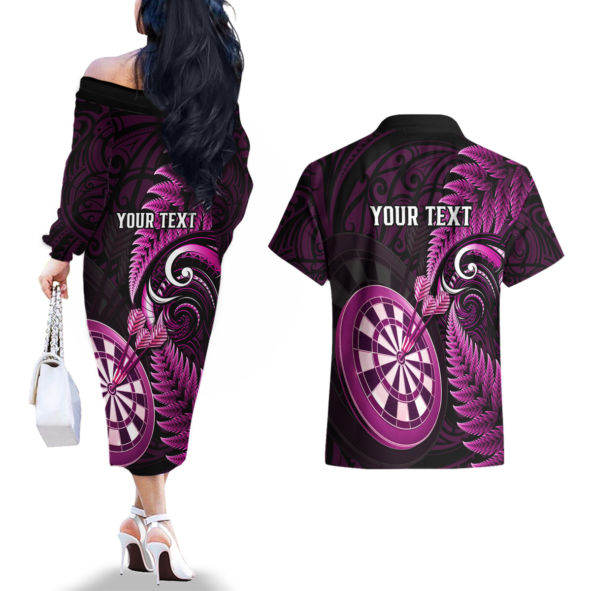 Personalised New Zealand Darts Couples Matching Off The Shoulder Long Sleeve Dress and Hawaiian Shirt Happiness Is A Tight Threesome Maori Pink - Wonder Print Shop
