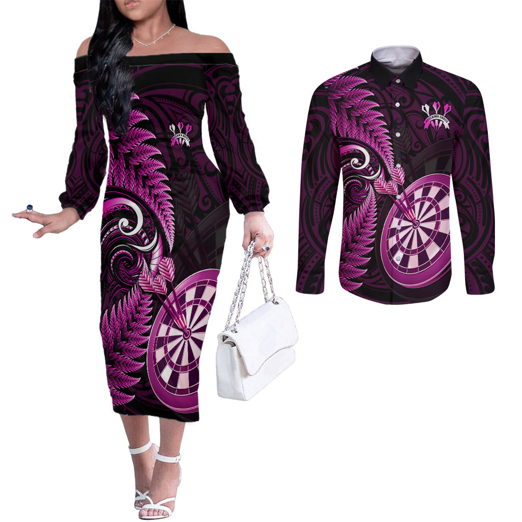 personalised-new-zealand-darts-couples-matching-off-the-shoulder-long-sleeve-dress-and-long-sleeve-button-shirts-happiness-is-a-tight-threesome-maori-pink