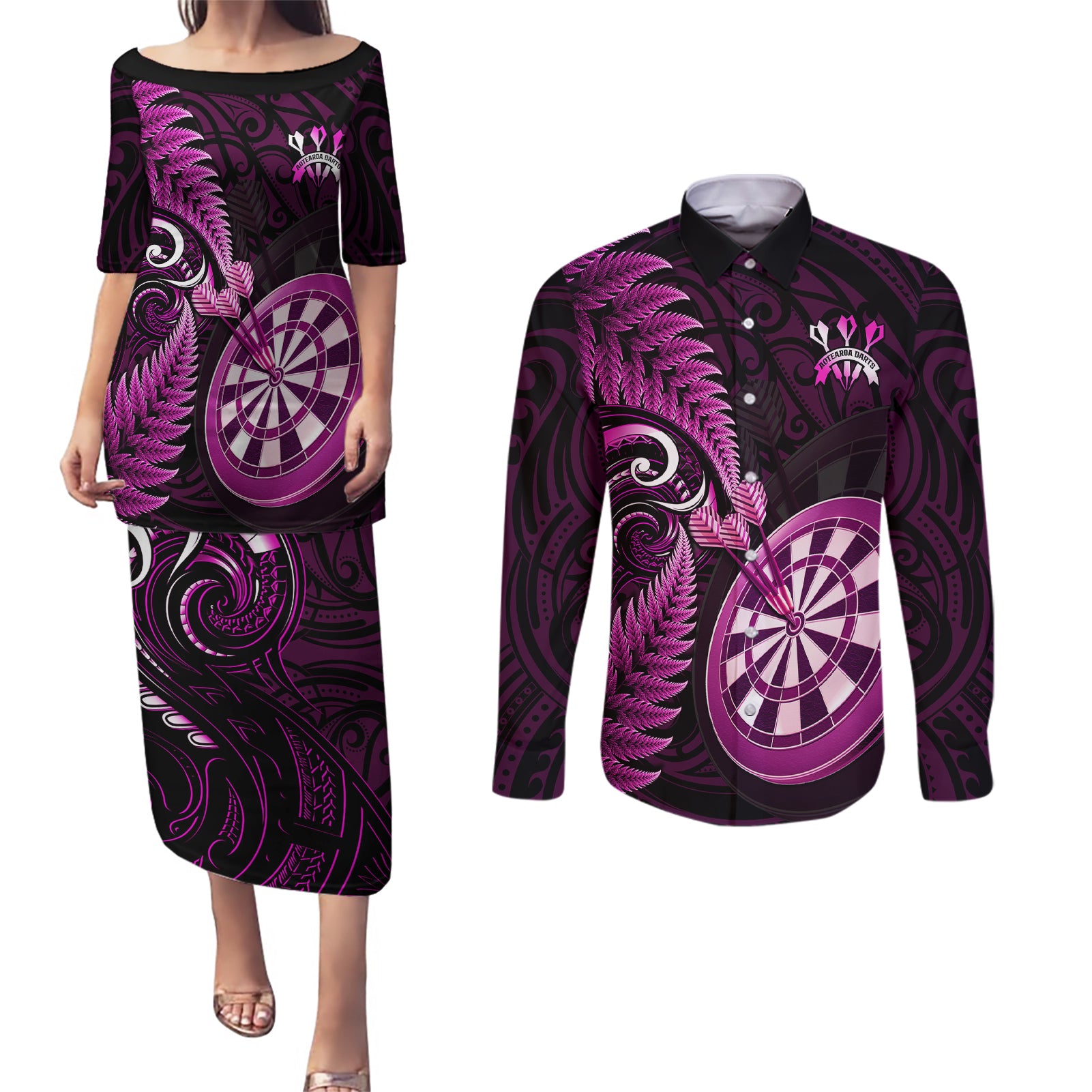 Personalised New Zealand Darts Couples Matching Puletasi Dress and Long Sleeve Button Shirts Happiness Is A Tight Threesome Maori Pink - Wonder Print Shop