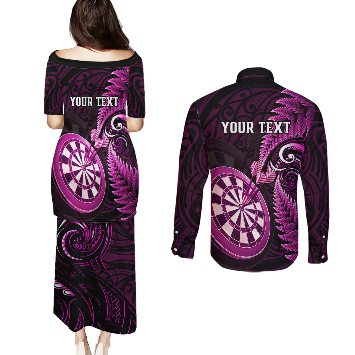 Personalised New Zealand Darts Couples Matching Puletasi Dress and Long Sleeve Button Shirts Happiness Is A Tight Threesome Maori Pink - Wonder Print Shop