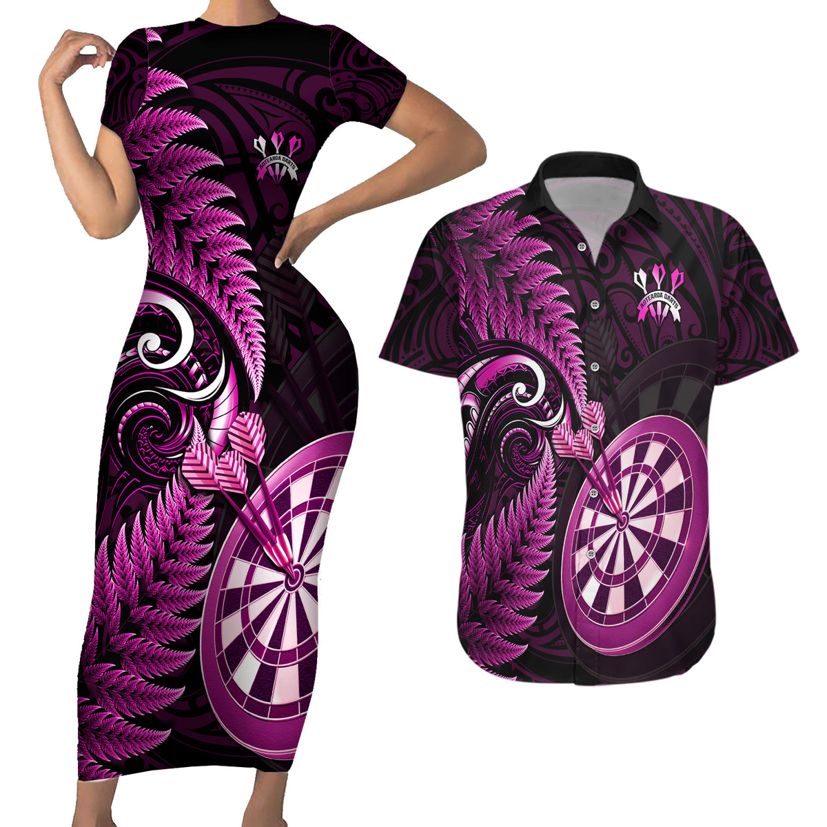Personalised New Zealand Darts Couples Matching Short Sleeve Bodycon Dress and Hawaiian Shirt Happiness Is A Tight Threesome Maori Pink - Wonder Print Shop