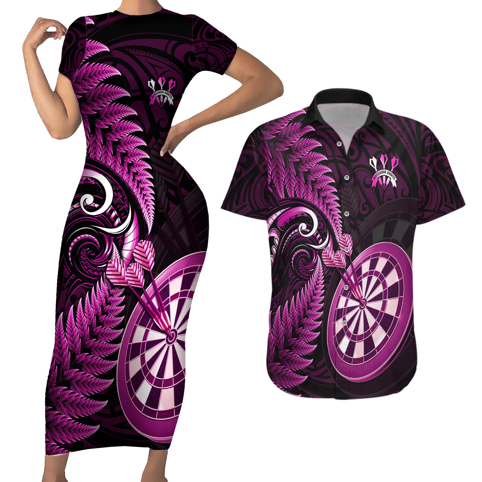 Personalised New Zealand Darts Couples Matching Short Sleeve Bodycon Dress and Hawaiian Shirt Happiness Is A Tight Threesome Maori Pink - Wonder Print Shop