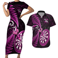 Personalised New Zealand Darts Couples Matching Short Sleeve Bodycon Dress and Hawaiian Shirt Happiness Is A Tight Threesome Maori Pink - Wonder Print Shop