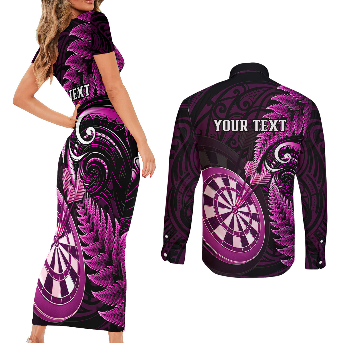 Personalised New Zealand Darts Couples Matching Short Sleeve Bodycon Dress and Long Sleeve Button Shirts Happiness Is A Tight Threesome Maori Pink - Wonder Print Shop