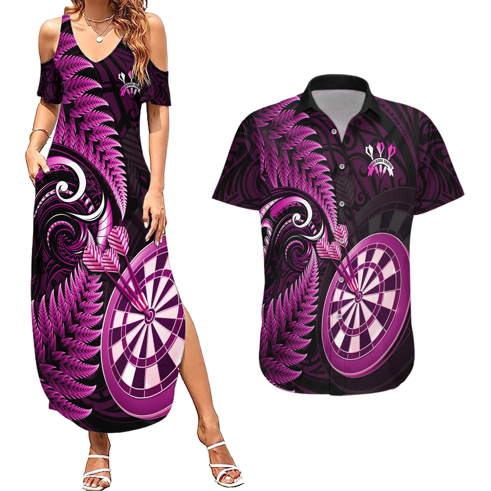Personalised New Zealand Darts Couples Matching Summer Maxi Dress and Hawaiian Shirt Happiness Is A Tight Threesome Maori Pink - Wonder Print Shop