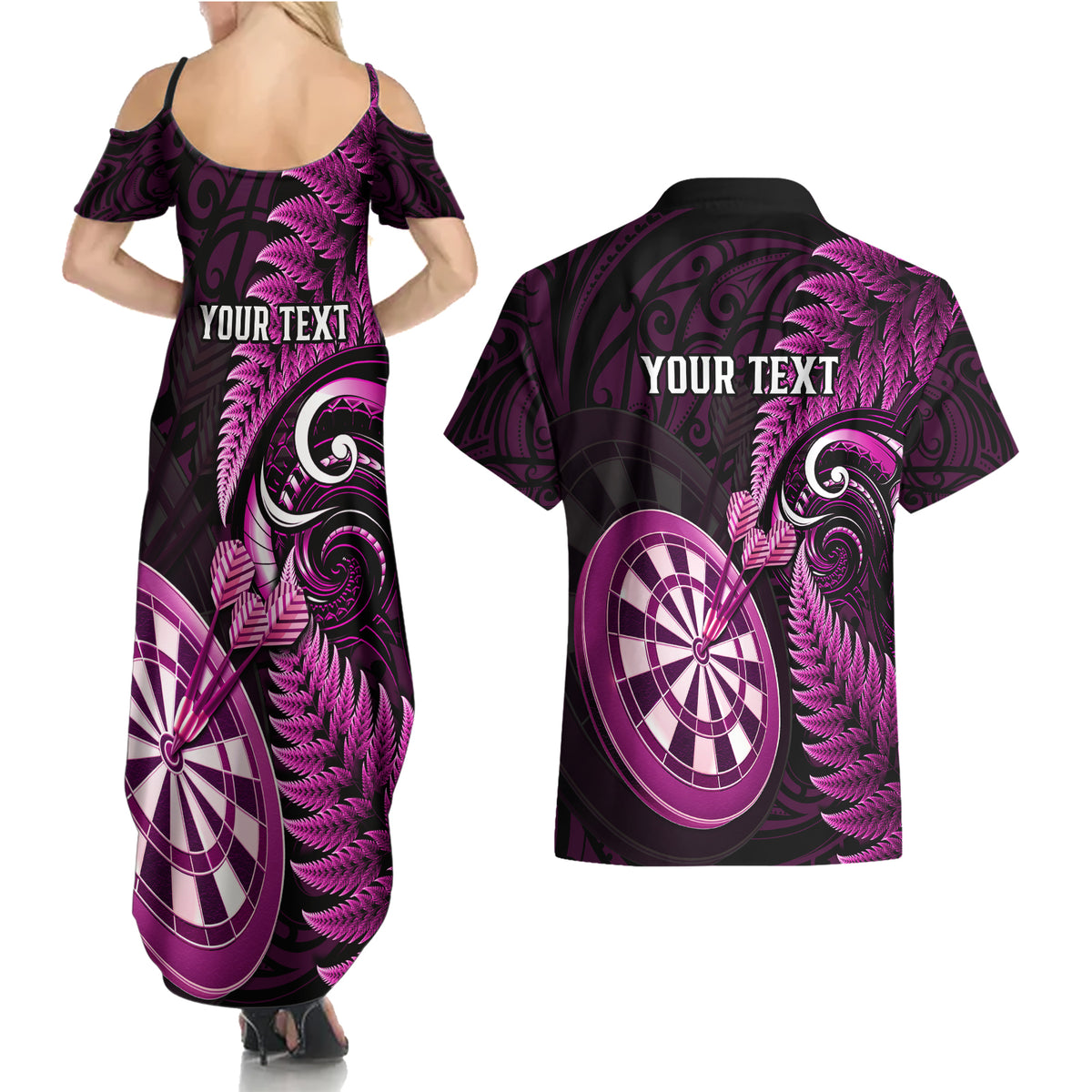 Personalised New Zealand Darts Couples Matching Summer Maxi Dress and Hawaiian Shirt Happiness Is A Tight Threesome Maori Pink - Wonder Print Shop
