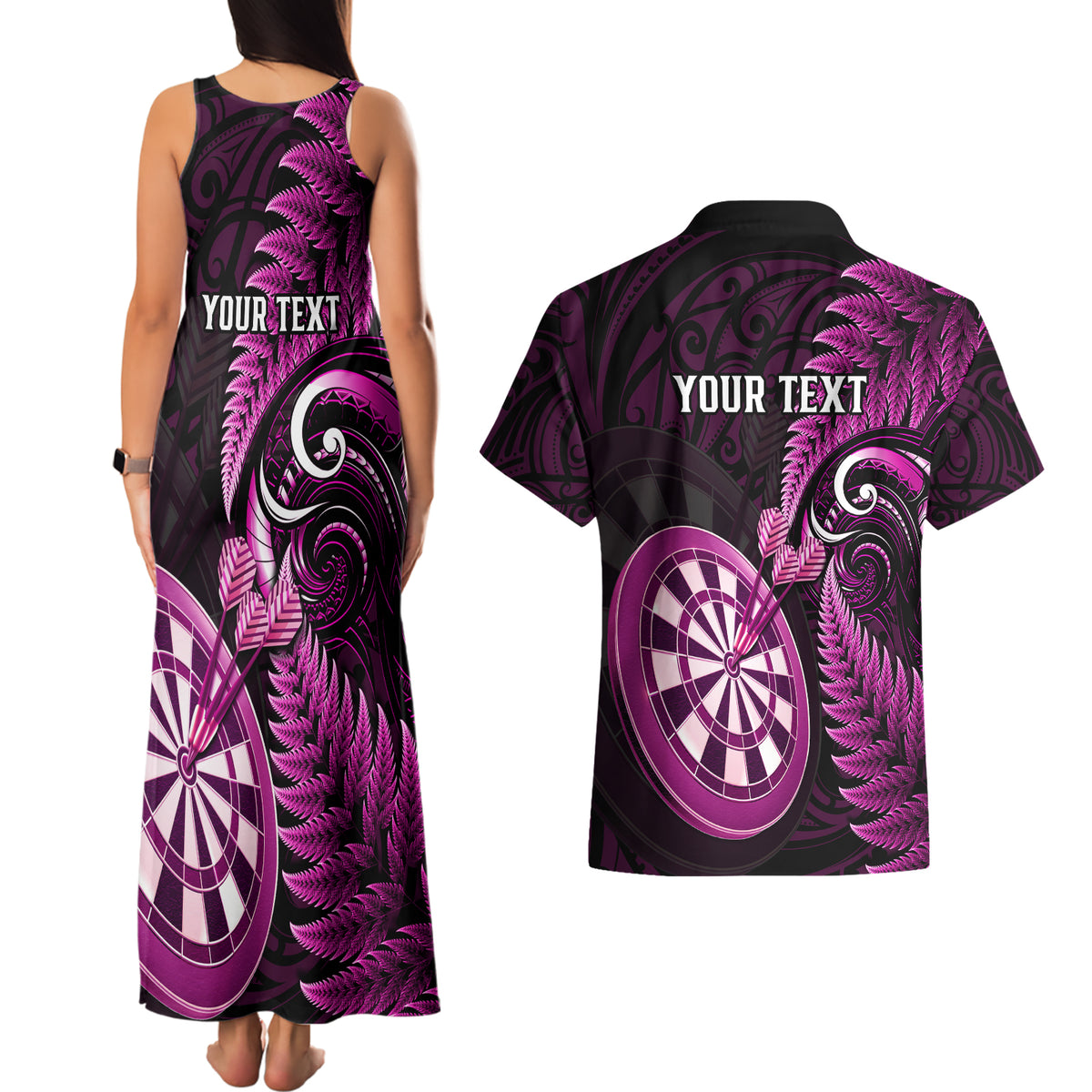 Personalised New Zealand Darts Couples Matching Tank Maxi Dress and Hawaiian Shirt Happiness Is A Tight Threesome Maori Pink - Wonder Print Shop