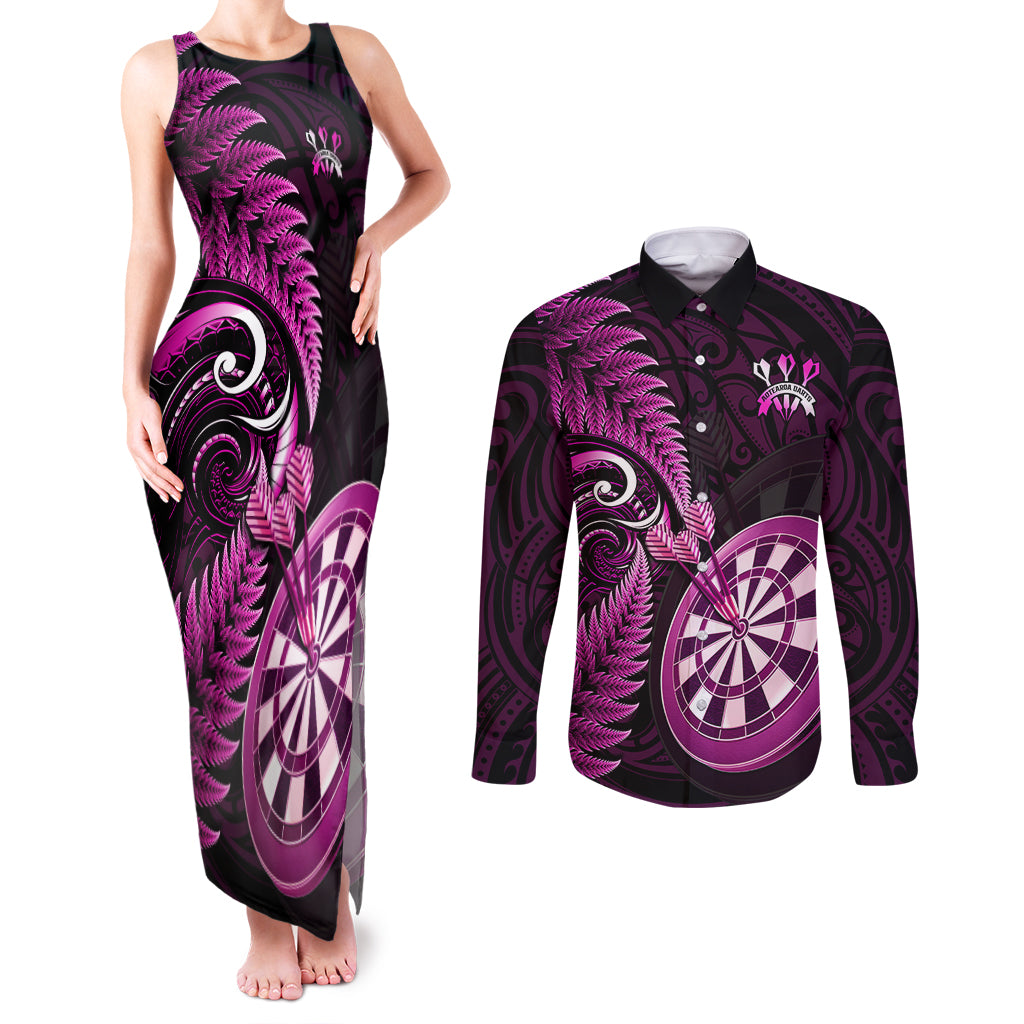 Personalised New Zealand Darts Couples Matching Tank Maxi Dress and Long Sleeve Button Shirts Happiness Is A Tight Threesome Maori Pink - Wonder Print Shop