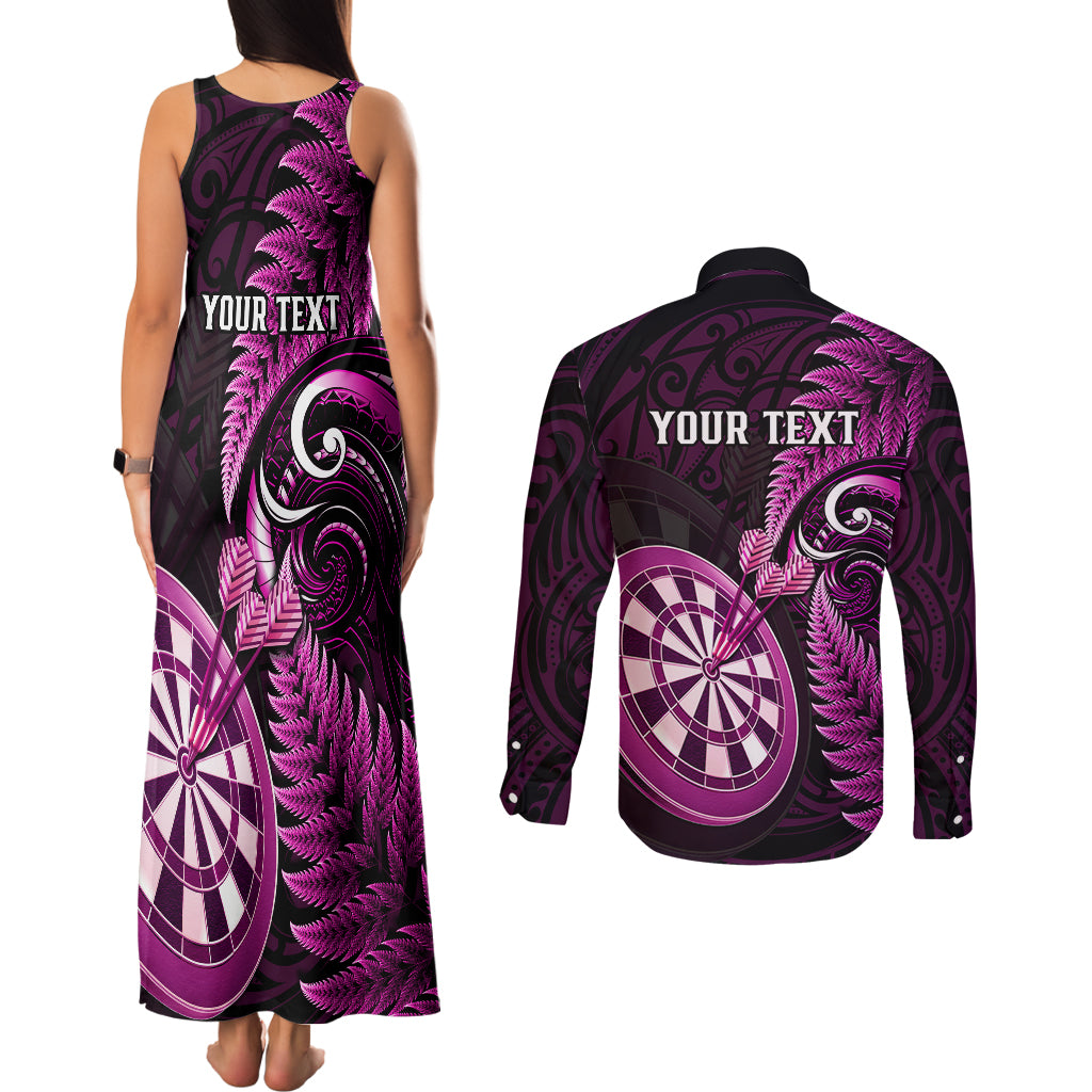 Personalised New Zealand Darts Couples Matching Tank Maxi Dress and Long Sleeve Button Shirts Happiness Is A Tight Threesome Maori Pink - Wonder Print Shop
