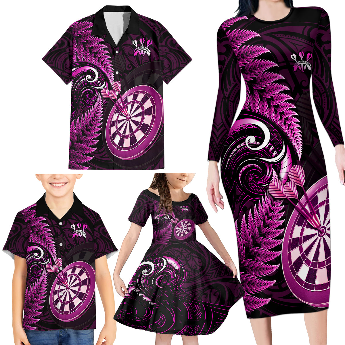 Personalised New Zealand Darts Family Matching Long Sleeve Bodycon Dress and Hawaiian Shirt Happiness Is A Tight Threesome Maori Pink - Wonder Print Shop