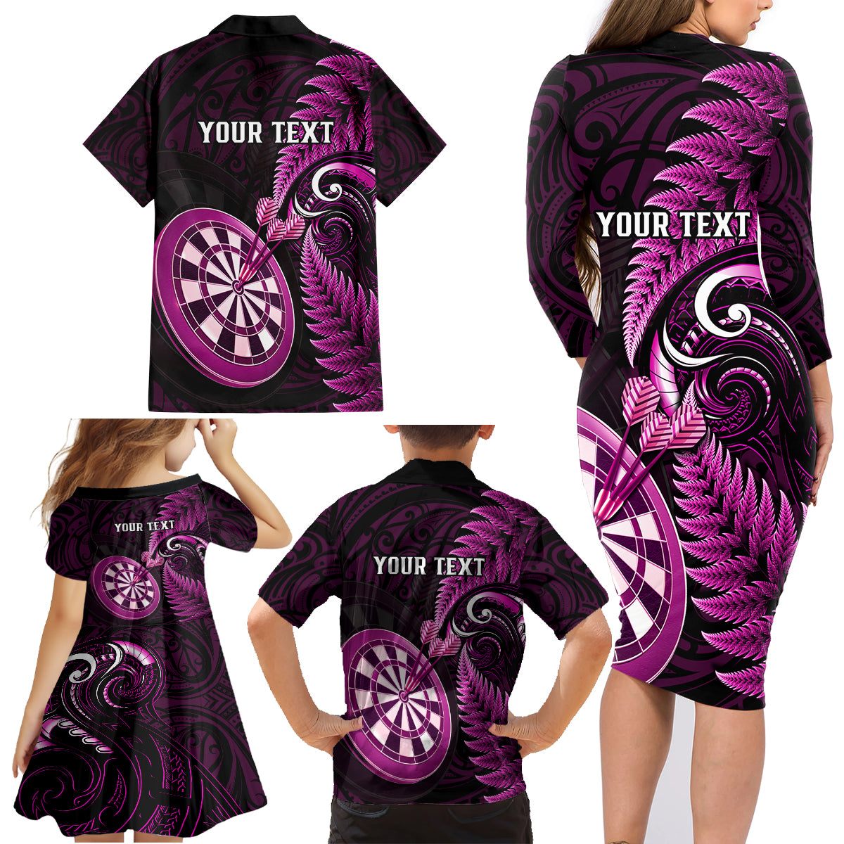 Personalised New Zealand Darts Family Matching Long Sleeve Bodycon Dress and Hawaiian Shirt Happiness Is A Tight Threesome Maori Pink - Wonder Print Shop