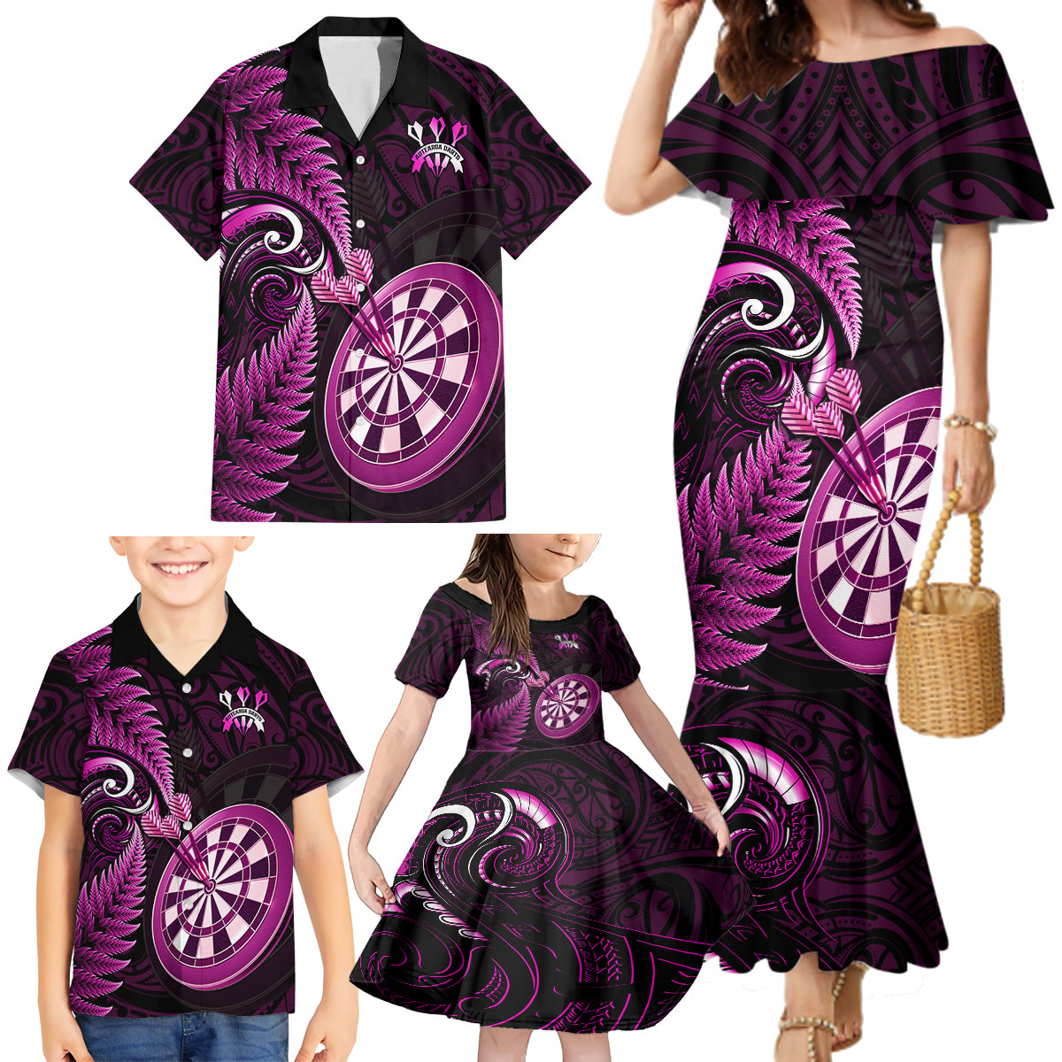 Personalised New Zealand Darts Family Matching Mermaid Dress and Hawaiian Shirt Happiness Is A Tight Threesome Maori Pink - Wonder Print Shop