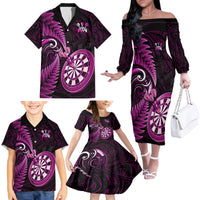 Personalised New Zealand Darts Family Matching Off Shoulder Long Sleeve Dress and Hawaiian Shirt Happiness Is A Tight Threesome Maori Pink - Wonder Print Shop