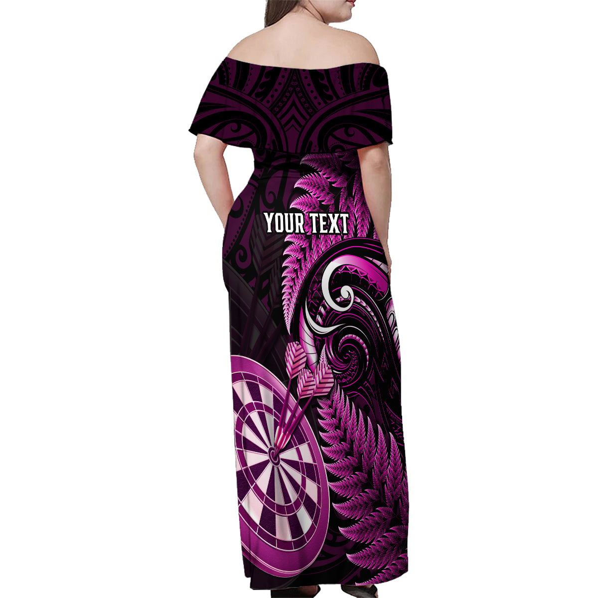 Personalised New Zealand Darts Family Matching Off Shoulder Maxi Dress and Hawaiian Shirt Happiness Is A Tight Threesome Maori Pink - Wonder Print Shop