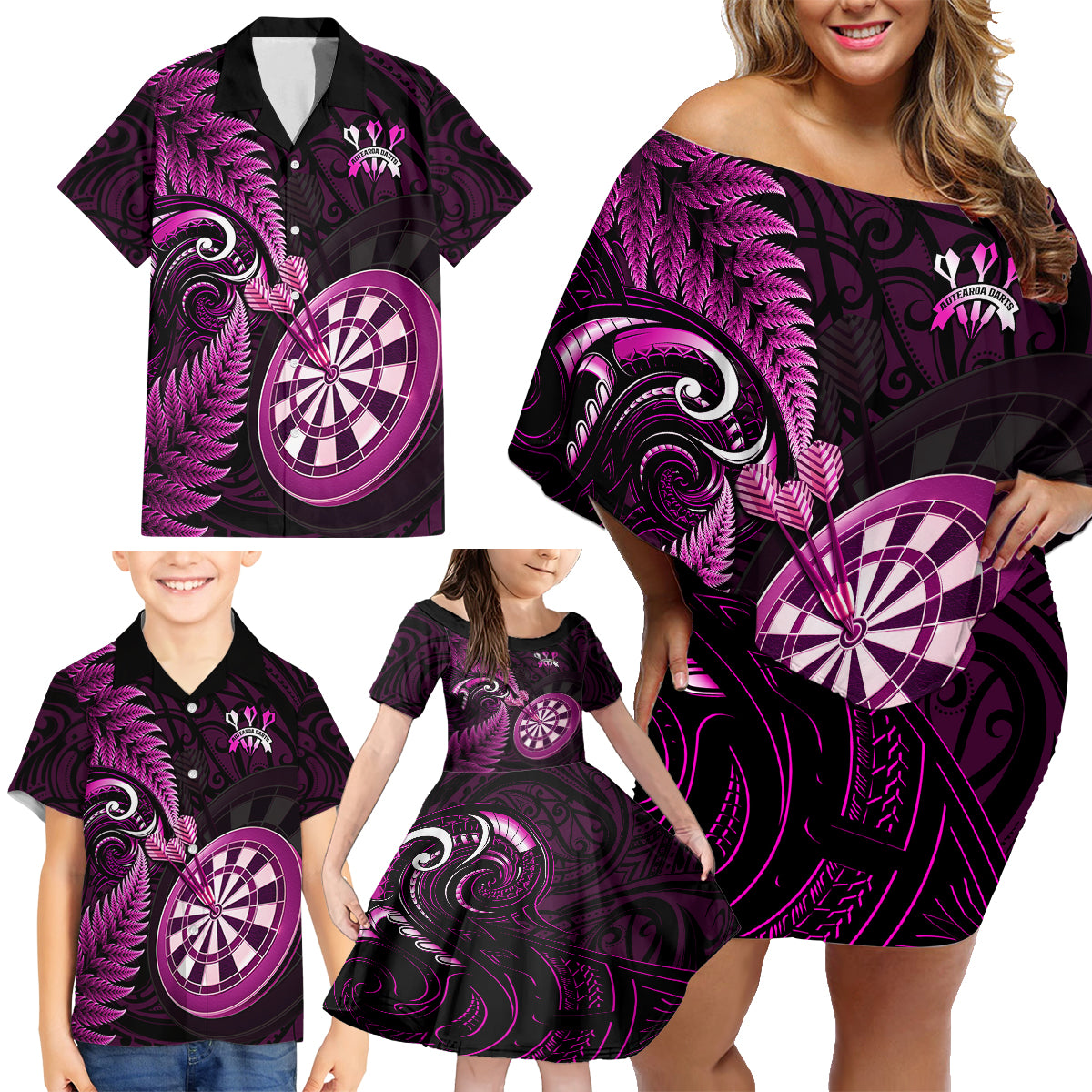 Personalised New Zealand Darts Family Matching Off Shoulder Short Dress and Hawaiian Shirt Happiness Is A Tight Threesome Maori Pink - Wonder Print Shop