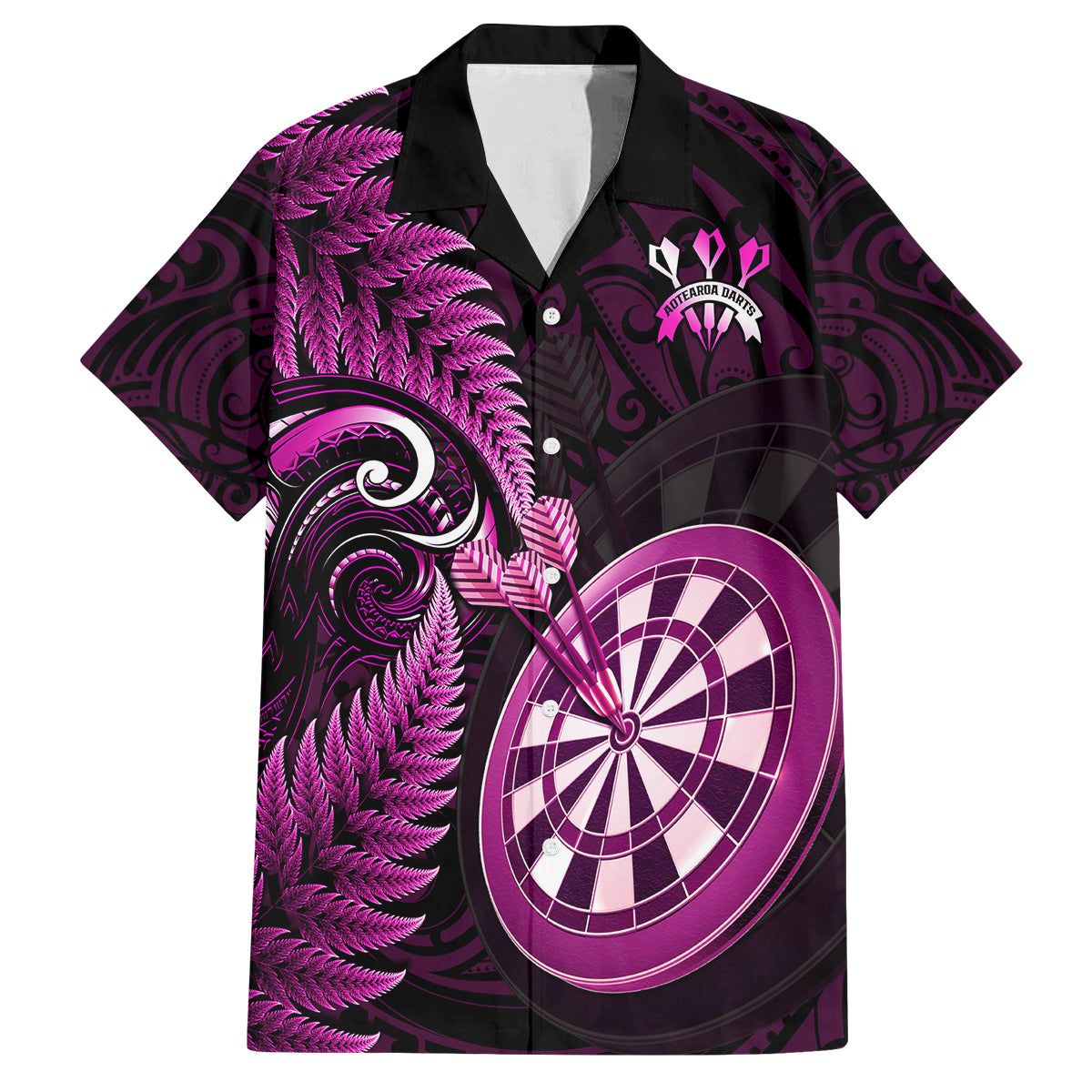 Personalised New Zealand Darts Family Matching Off Shoulder Short Dress and Hawaiian Shirt Happiness Is A Tight Threesome Maori Pink - Wonder Print Shop