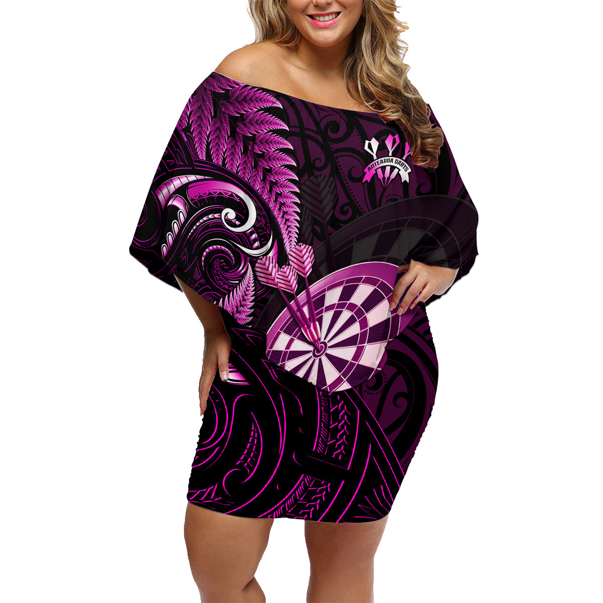 Personalised New Zealand Darts Family Matching Off Shoulder Short Dress and Hawaiian Shirt Happiness Is A Tight Threesome Maori Pink - Wonder Print Shop