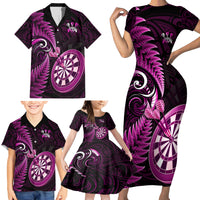 Personalised New Zealand Darts Family Matching Short Sleeve Bodycon Dress and Hawaiian Shirt Happiness Is A Tight Threesome Maori Pink - Wonder Print Shop