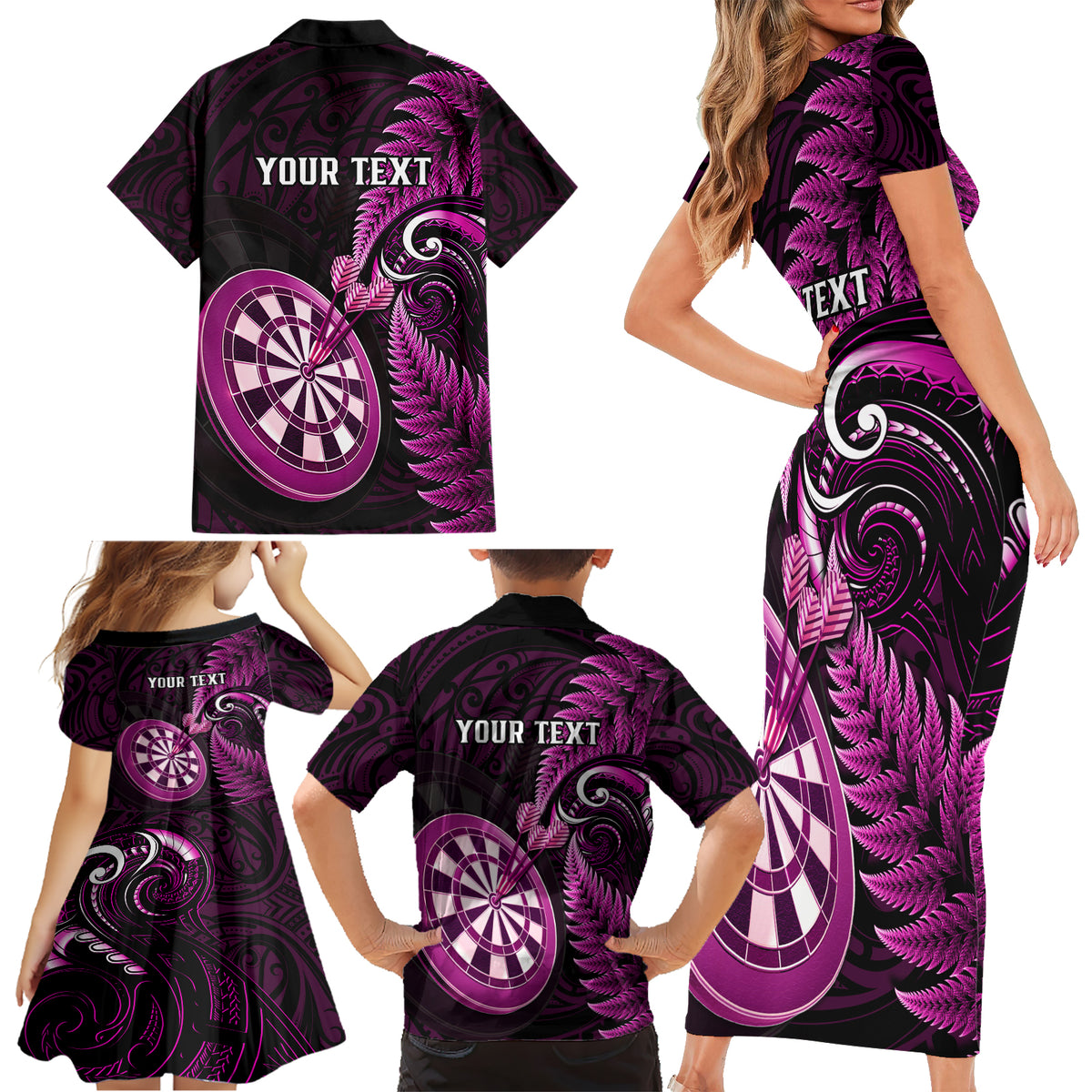 Personalised New Zealand Darts Family Matching Short Sleeve Bodycon Dress and Hawaiian Shirt Happiness Is A Tight Threesome Maori Pink - Wonder Print Shop