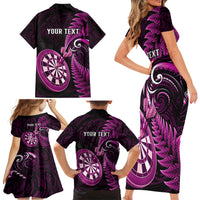 Personalised New Zealand Darts Family Matching Short Sleeve Bodycon Dress and Hawaiian Shirt Happiness Is A Tight Threesome Maori Pink - Wonder Print Shop