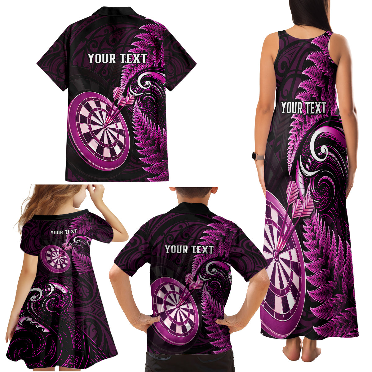 Personalised New Zealand Darts Family Matching Tank Maxi Dress and Hawaiian Shirt Happiness Is A Tight Threesome Maori Pink - Wonder Print Shop