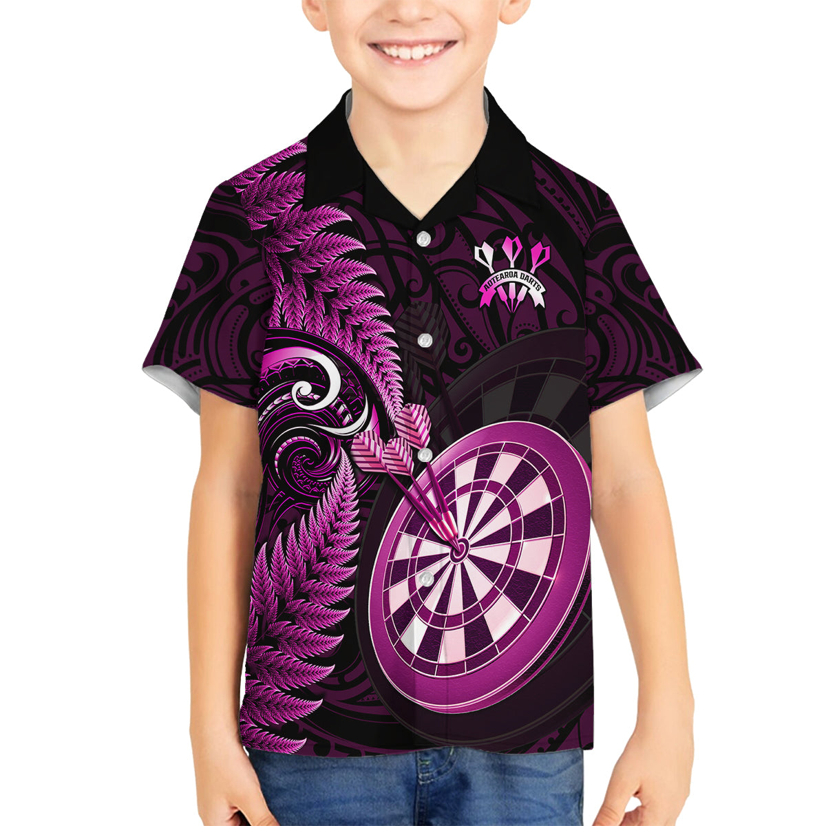 Personalised New Zealand Darts Kid Hawaiian Shirt Happiness Is A Tight Threesome Maori Pink - Wonder Print Shop