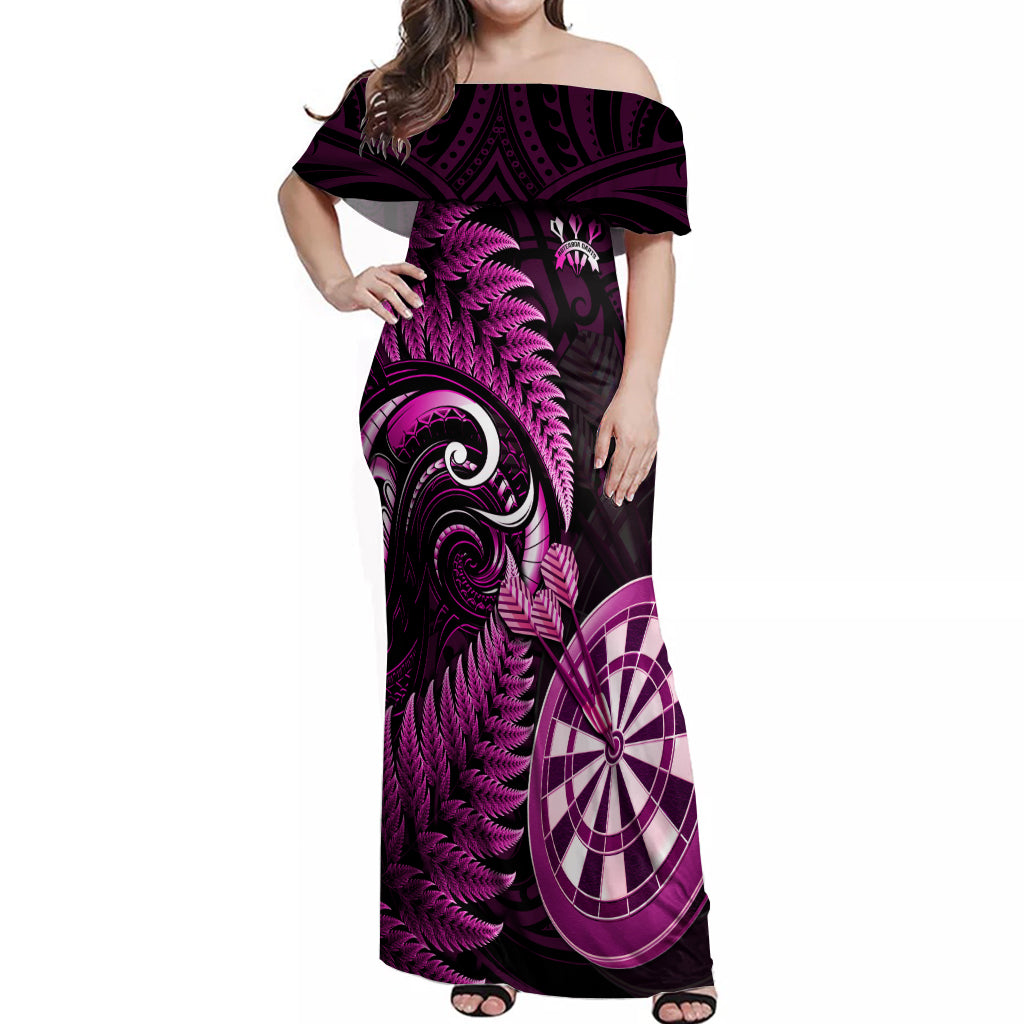 Personalised New Zealand Darts Off Shoulder Maxi Dress Happiness Is A Tight Threesome Maori Pink - Wonder Print Shop