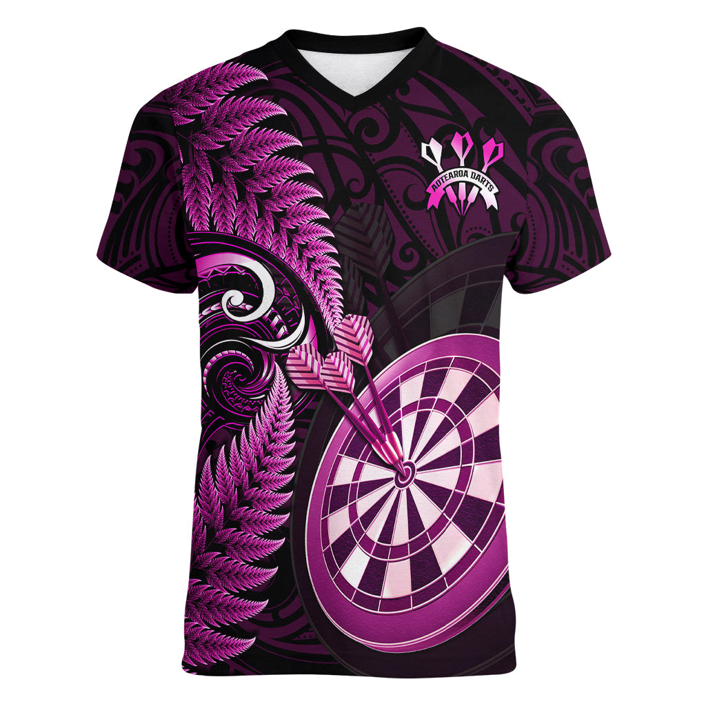 Personalised New Zealand Darts Women V Neck T Shirt Happiness Is A Tight Threesome Maori Pink - Wonder Print Shop