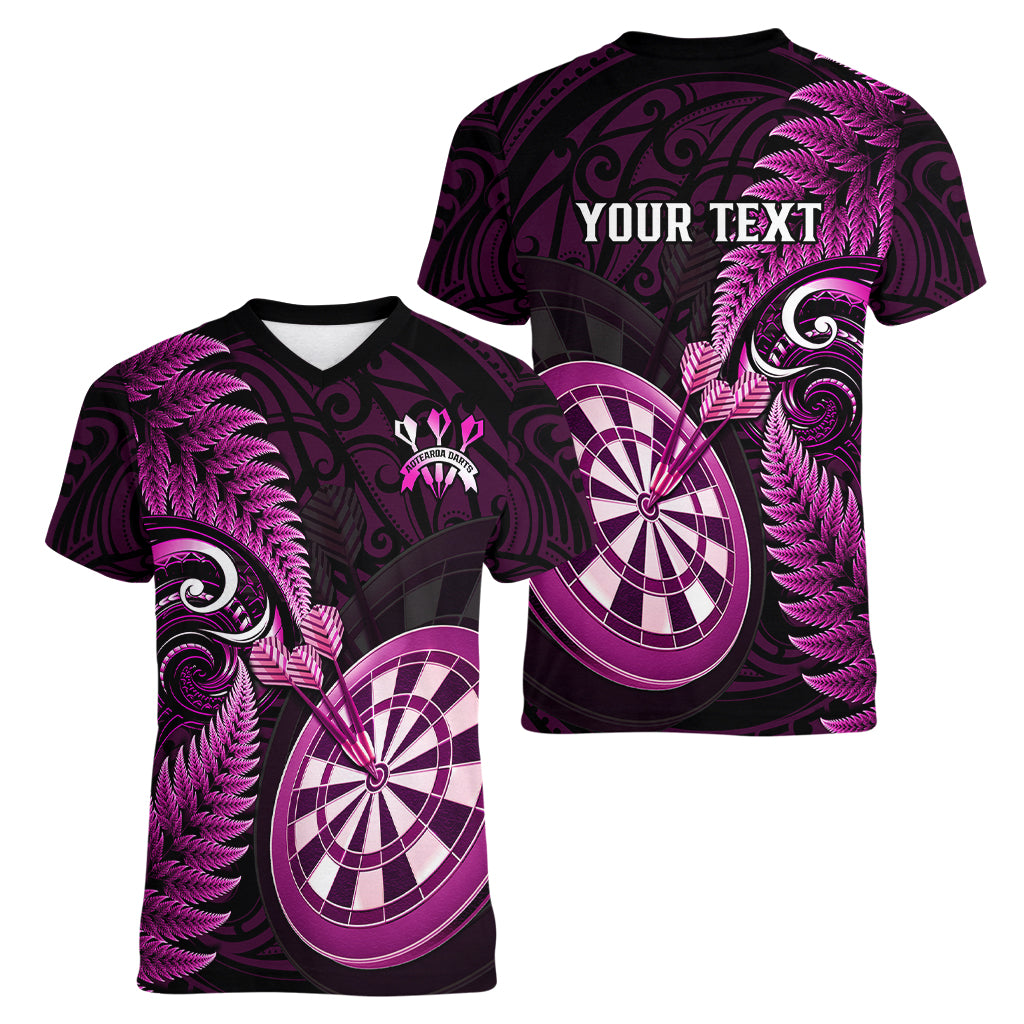 Personalised New Zealand Darts Women V Neck T Shirt Happiness Is A Tight Threesome Maori Pink - Wonder Print Shop