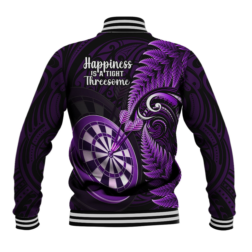 New Zealand Darts Baseball Jacket Happiness Is A Tight Threesome Maori Purple - Wonder Print Shop