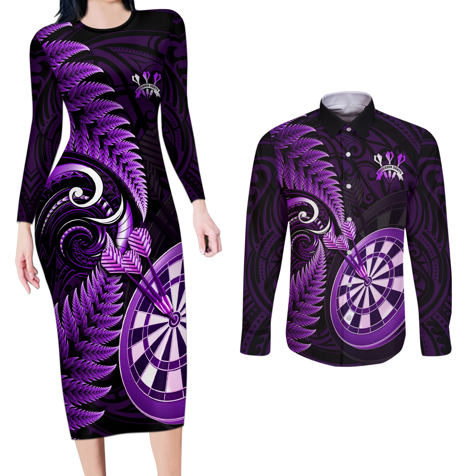 New Zealand Darts Couples Matching Long Sleeve Bodycon Dress and Long Sleeve Button Shirts Happiness Is A Tight Threesome Maori Purple - Wonder Print Shop