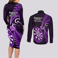 New Zealand Darts Couples Matching Long Sleeve Bodycon Dress and Long Sleeve Button Shirts Happiness Is A Tight Threesome Maori Purple - Wonder Print Shop