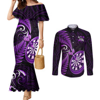 new-zealand-darts-couples-matching-mermaid-dress-and-long-sleeve-button-shirts-happiness-is-a-tight-threesome-maori-purple